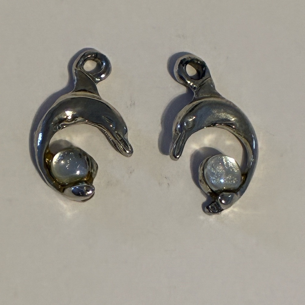 Silver-tone Dolphin Earrings (supply your own wires) set with Moonstones (?)